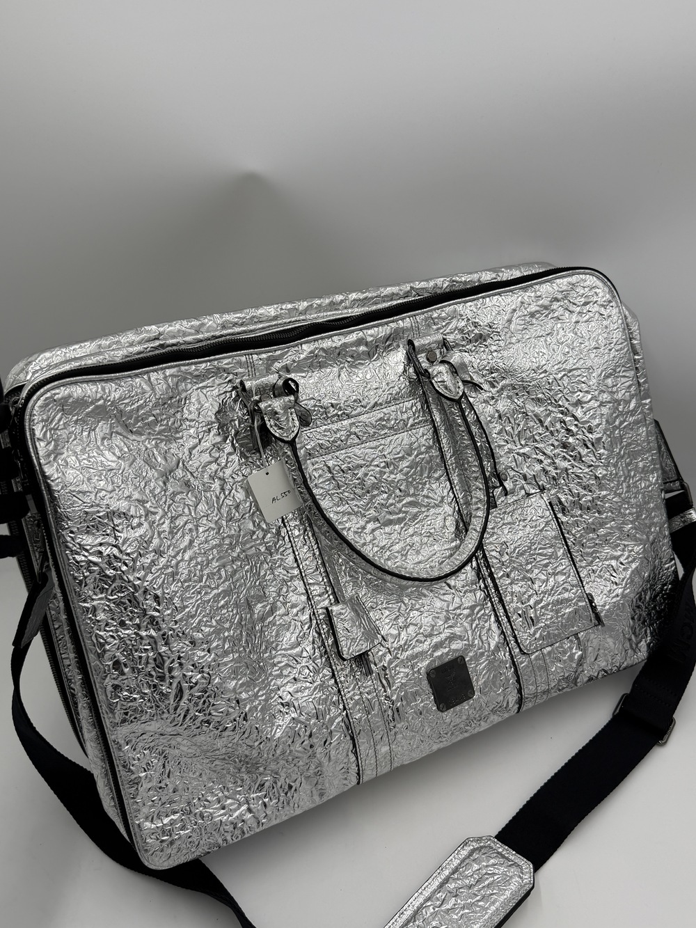 MCM Metallic Silver Embossed Document Bag